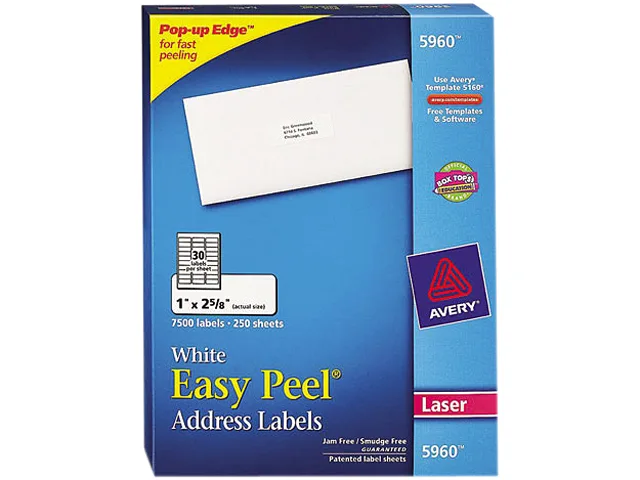 White rectangular address labels in a bulk box