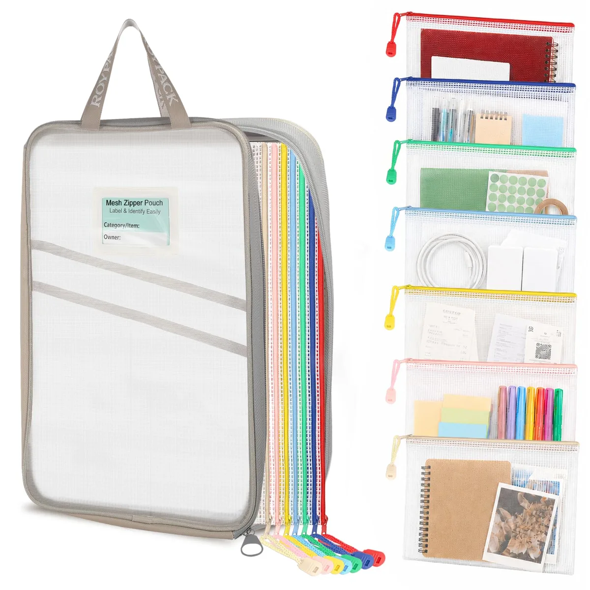 Eight translucent PVC mesh zipper pouches in assorted colours with a larger organiser bag