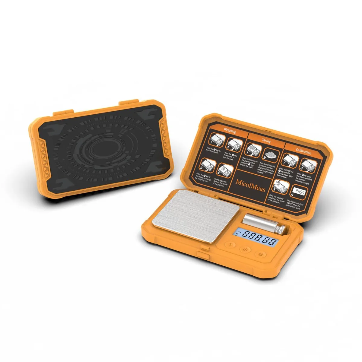 Orange pocket scale with stainless platform and backlit LCD