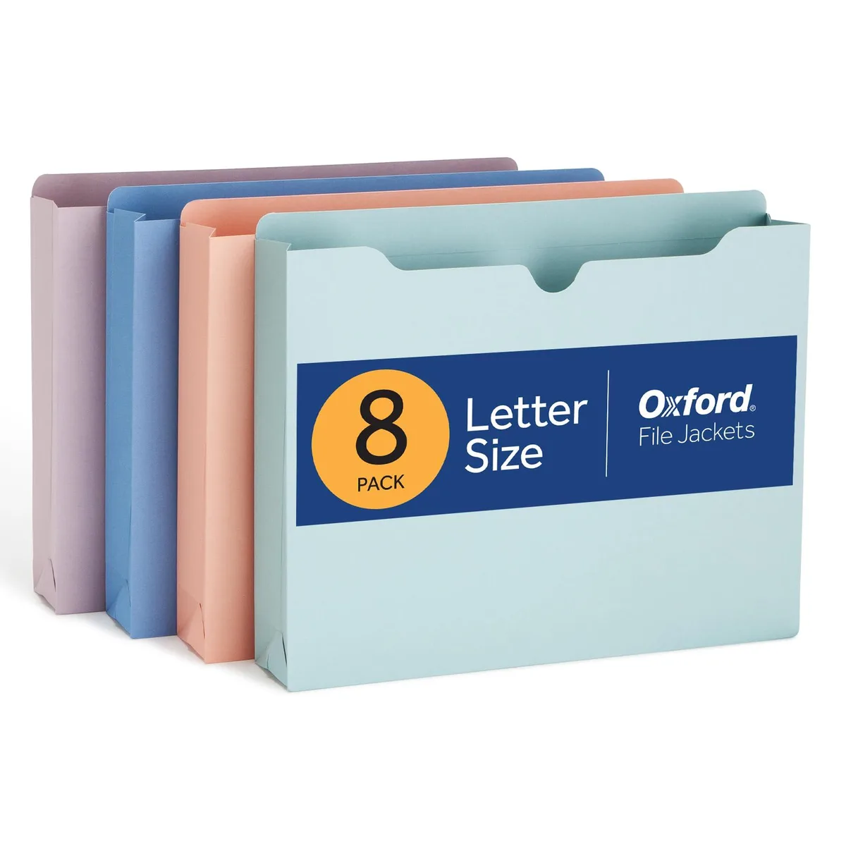 Eight pastel expanding folders with closed sides and top tabs