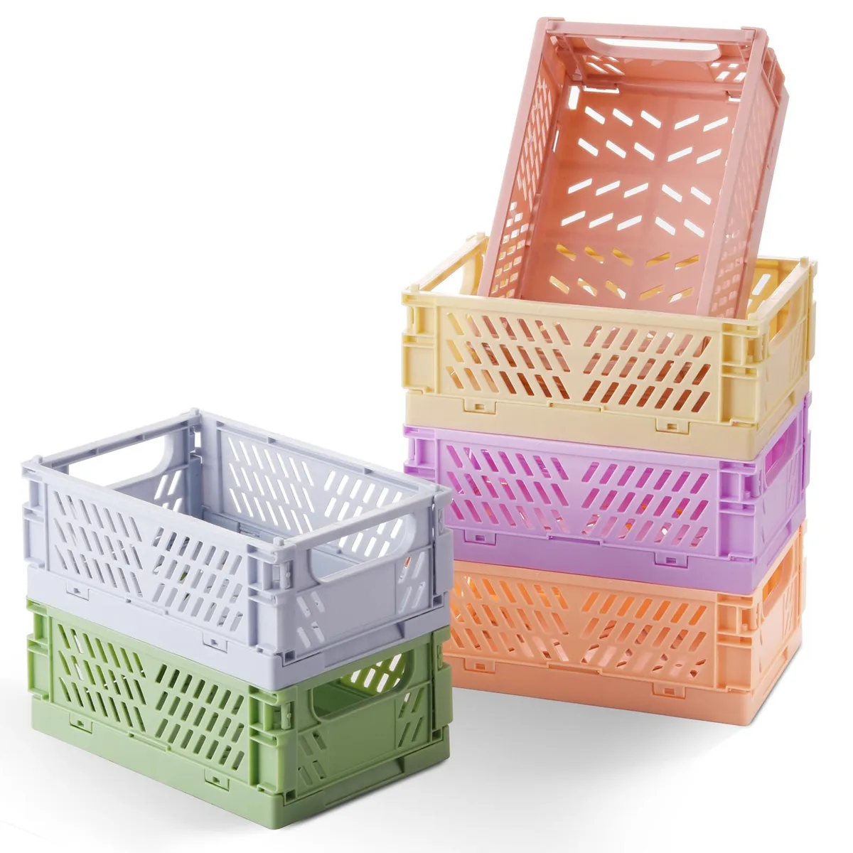 Six pastel ABS mini crates in blue yellow green pink orange purple collapsible rectangular 5.9 x 3.8 x 2.2 in