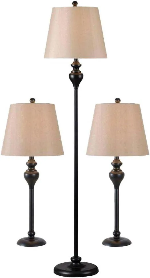 Oil-rubbed bronze floor lamp with tan tapered shade, 61 inches tall, plus two matching table lamps