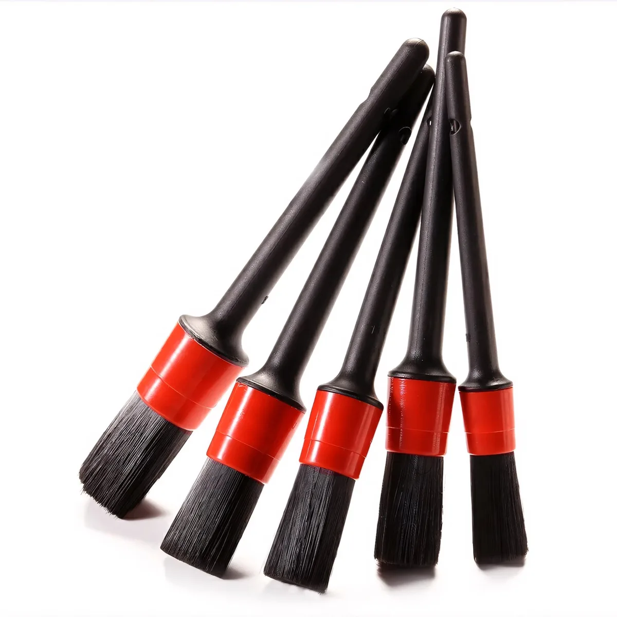 Five black and red detailing brushes with soft synthetic bristles and ergonomic handles