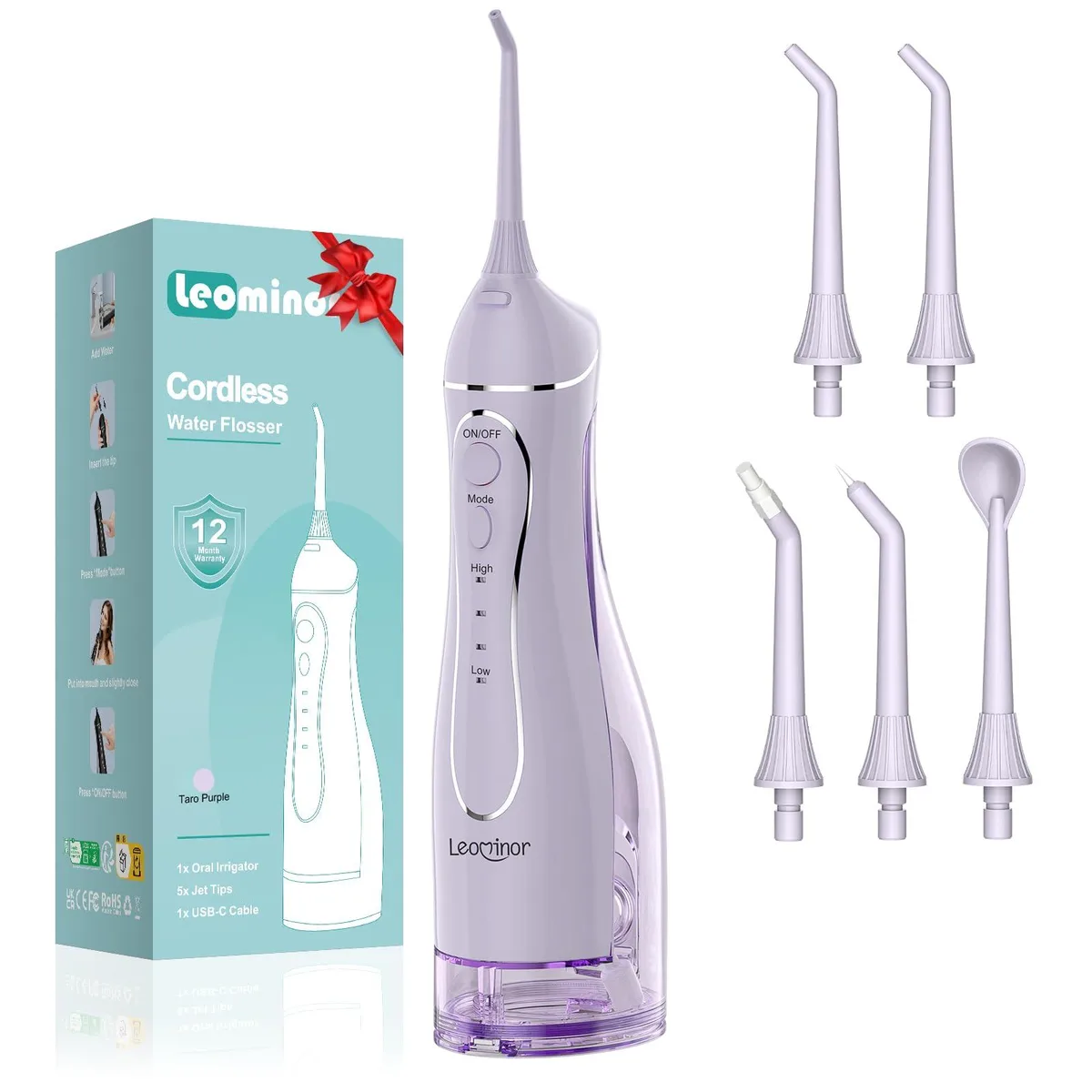Purple water flosser with removable 300ml tank and rechargeable handle