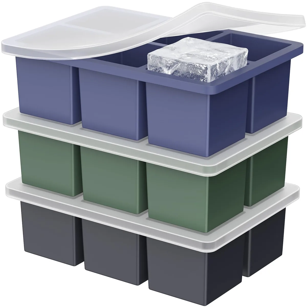 Three black silicone ice cube trays with lids, each forming six large square cubes