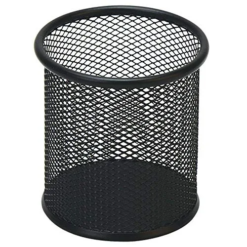 Black wire mesh pen cup, square 3.5 by 3.5 by 3.9 inches