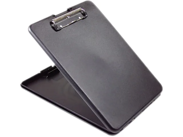 Black polypropylene clipboard with top storage compartment and low-profile clip