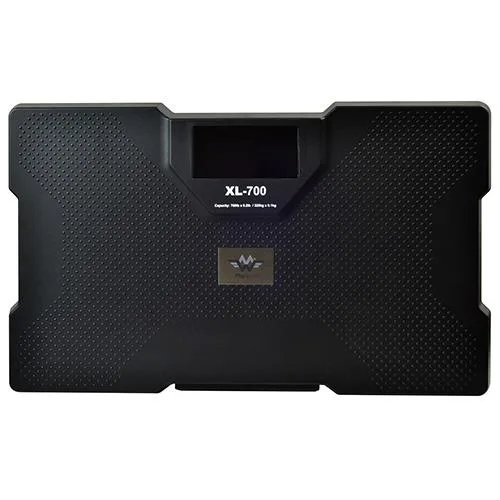 Black rectangular bathroom scale with textured platform and large LCD display