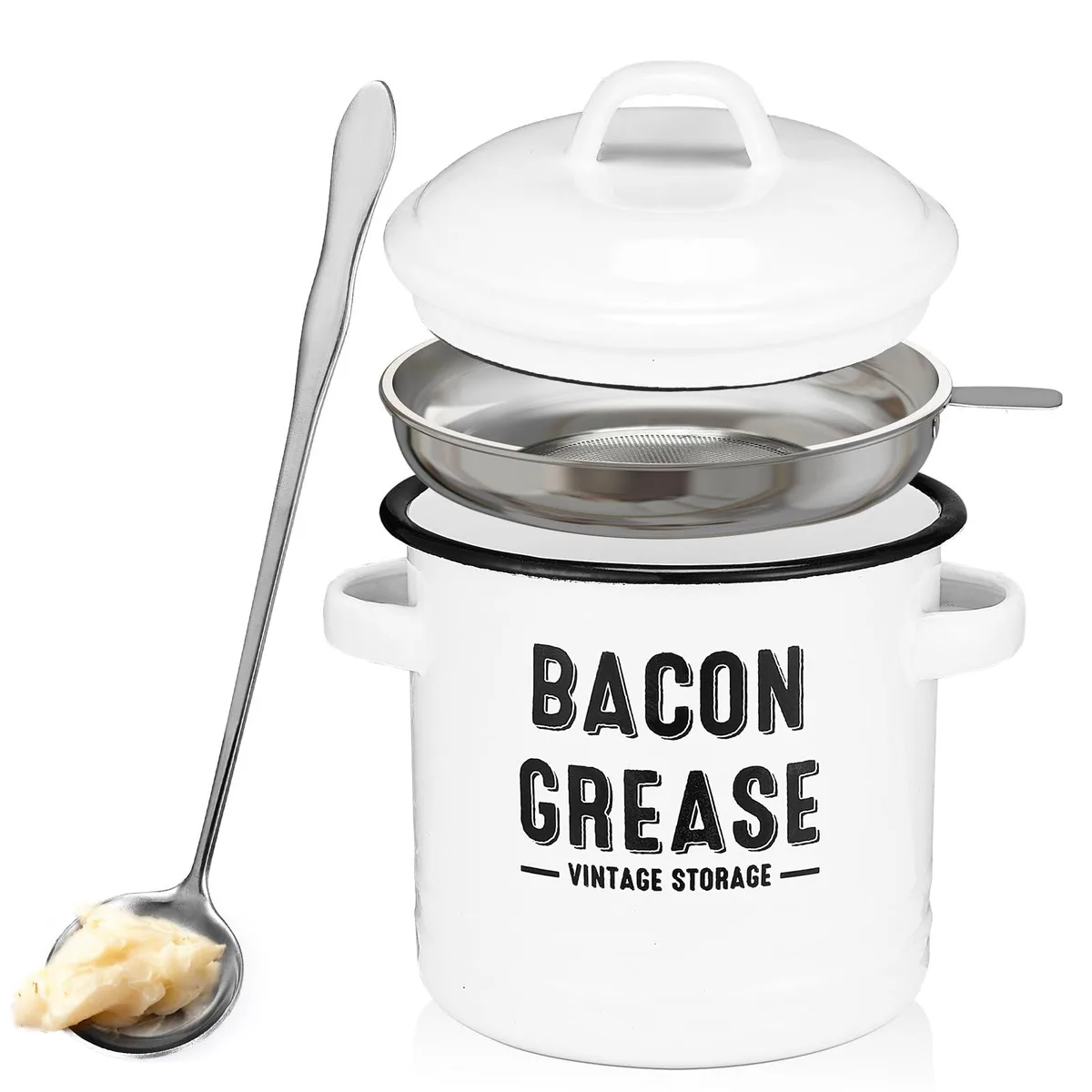 Red stainless steel bacon grease container with strainer and spoon, 46oz capacity