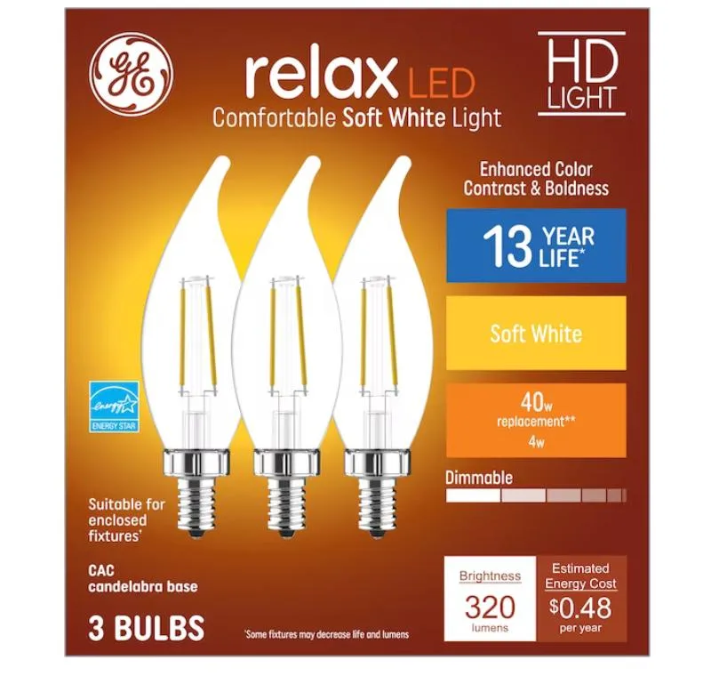 GE GE 42231 Relax HD 40W EQ CA11 Soft White E12 Dimmable LED Standard Bulb 3-Pack — product photo