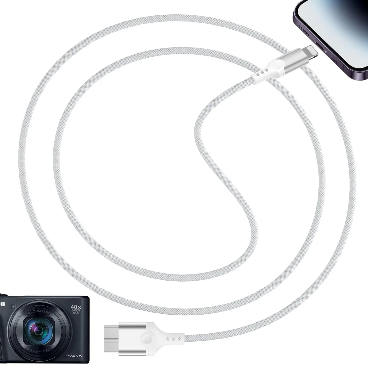 White Micro B USB 3.0 to Lightning OTG cable, male-to-male connectors, 3.3FT length