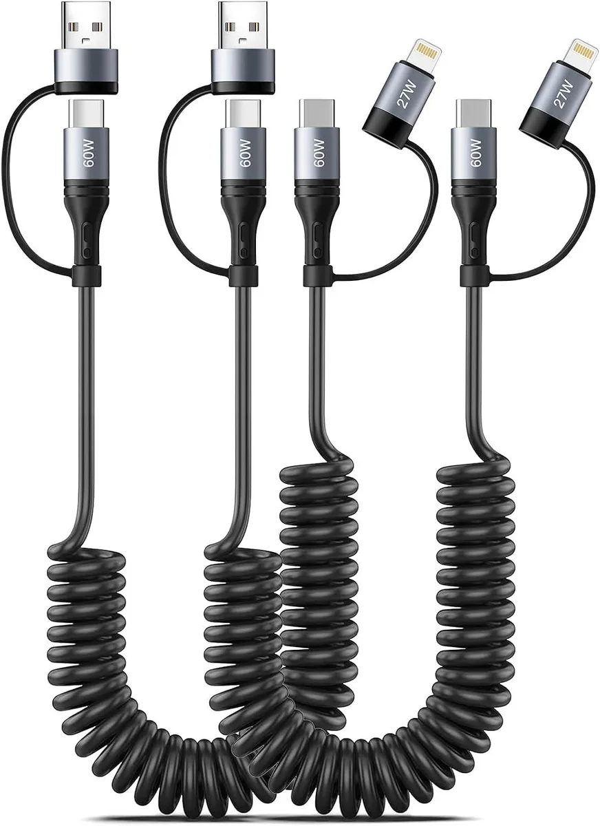 MCHOSE MCHOSE 60W Coiled 4-in-1 USB-C Lightning Cable 2Pack 4FT Retractable CarPlay — product photo