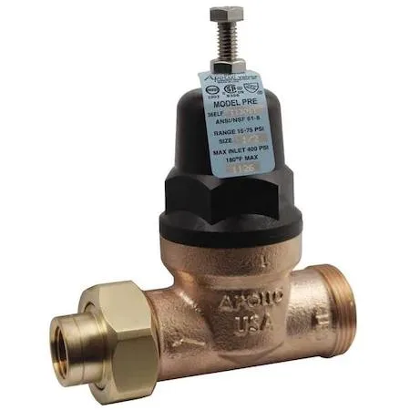 Bronze pressure reducing valve with threaded connections, compact cylindrical body, silver-grey finish