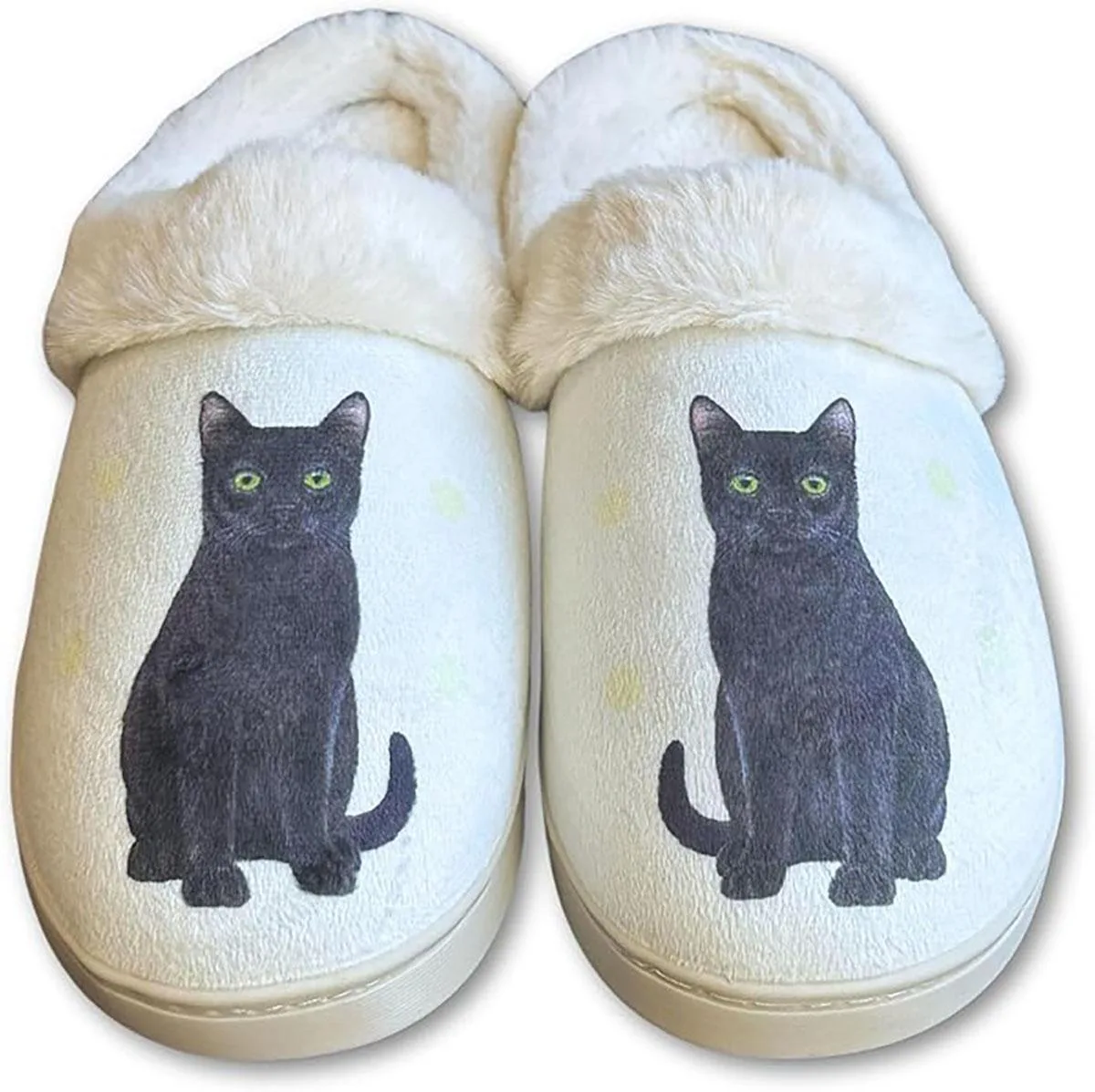 Black cat slippers with fuzzy lining and rubber sole