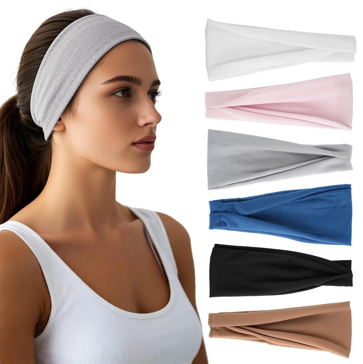 Six black fabric headbands stacked flat, each 9.31 by 3.94 inches unstretched