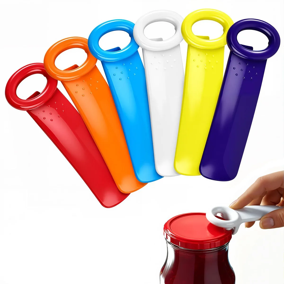 Six white plastic jar openers with long curved handles and hook ends, each 5.5 inches long