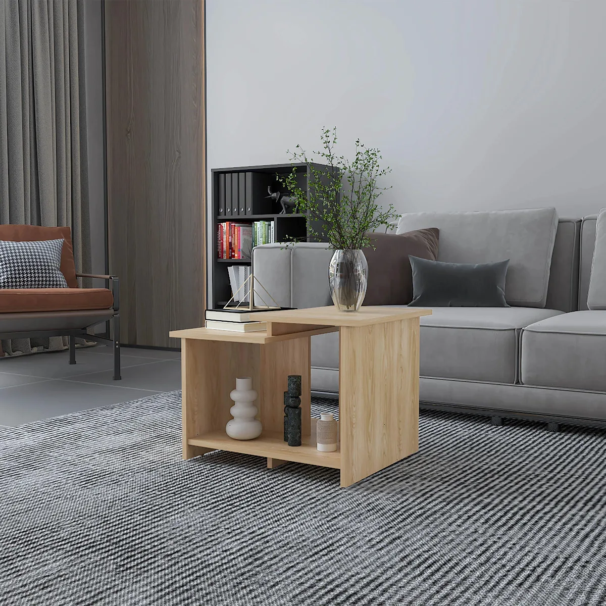 Natural oak rectangular coffee table with three open shelves