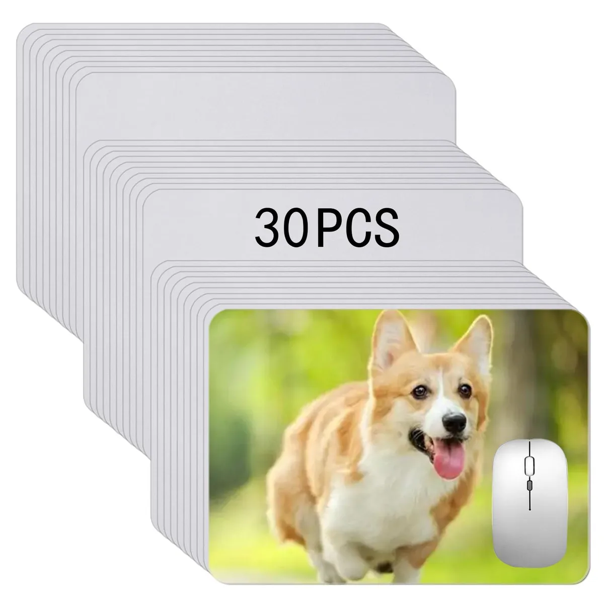 Stack of 30 white rectangular mouse pads with non-slip rubber bases