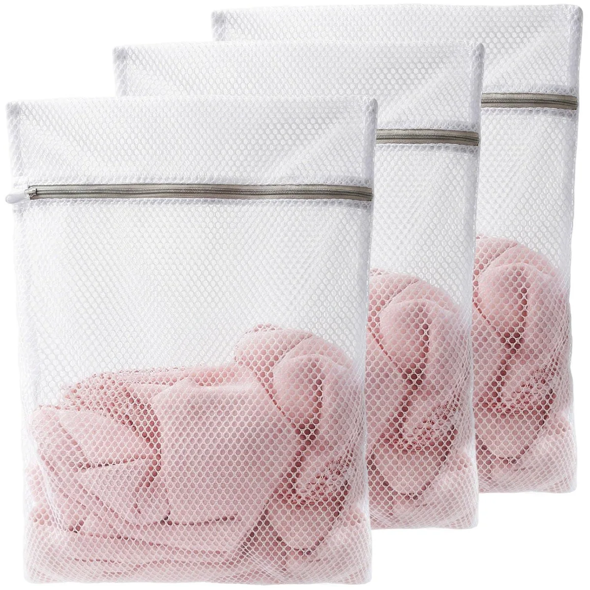 Three beige mesh laundry bags with zipper closures, 16 x 20 inches each