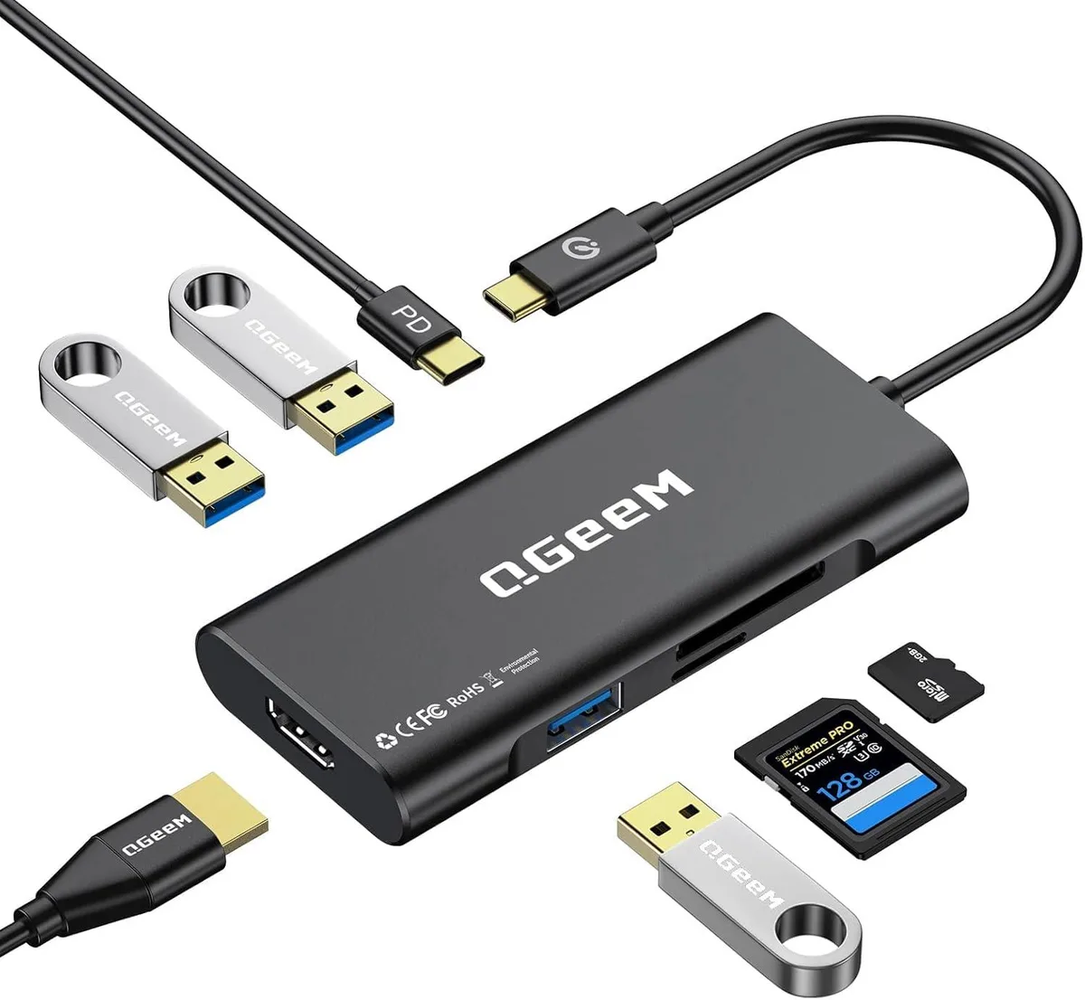 Compact black USB-C hub with aluminium finish, HDMI port, three USB-A ports, USB-C power input, SD and microSD slots
