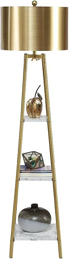 Tall black pole floor lamp with three walnut shelves and a gold fabric shade