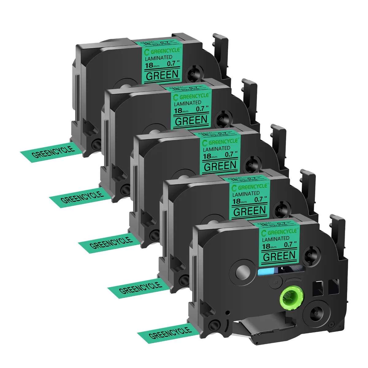 GREENCYCLE GREENCYCLE TZe-741 18mm 0.7" Black on Green Laminated Label Tape 5 Pack — product photo