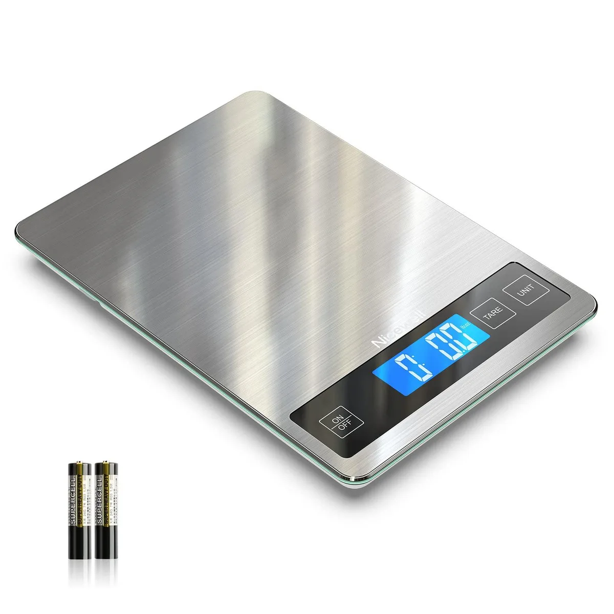 Black digital kitchen scale with tempered glass platform and stainless steel surface, large backlit LCD display