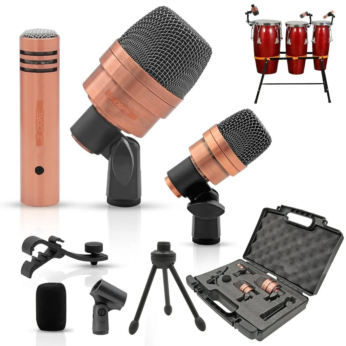 Three copper microphones in a carry case with stands and clips