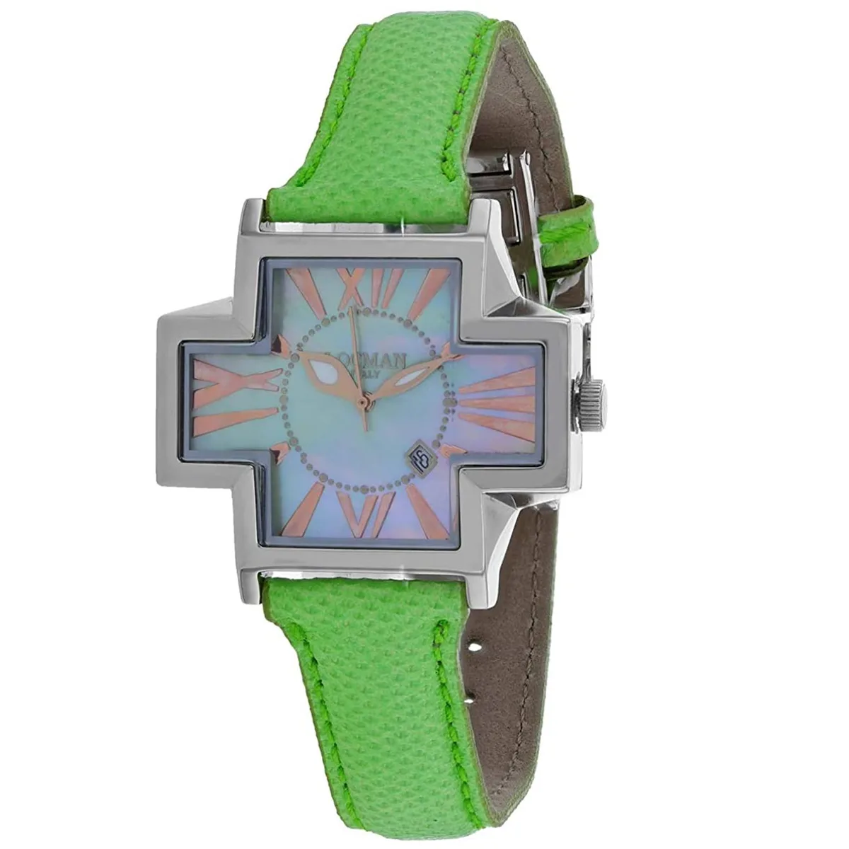 Stainless steel case watch with mother-of-pearl dial and leather strap