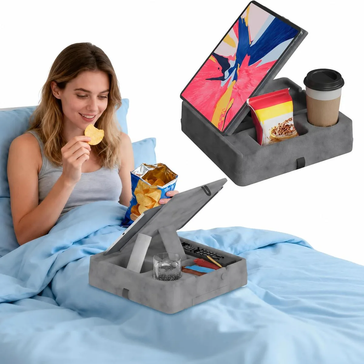 Gray foldable tablet pillow stand with storage tray and pen slots