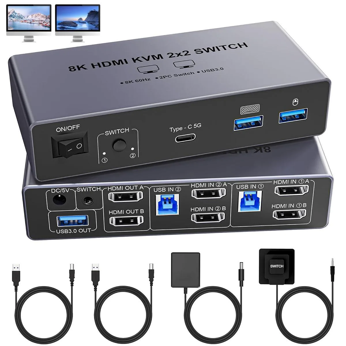 WRIARICH WRIARICH 8K@60Hz Dual Monitor HDMI KVM Switch 2 PCs 4 USB 3.0 Ports — product photo