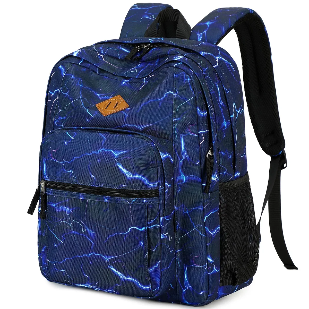Navy polyester backpack with lightning pattern, 18.5 inches tall, fits 15.6 inch laptop