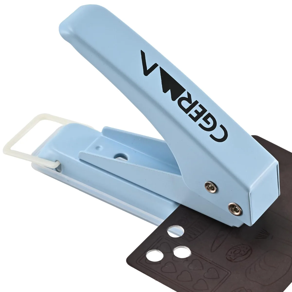 Blue single hole puncher with metal body and lever handle