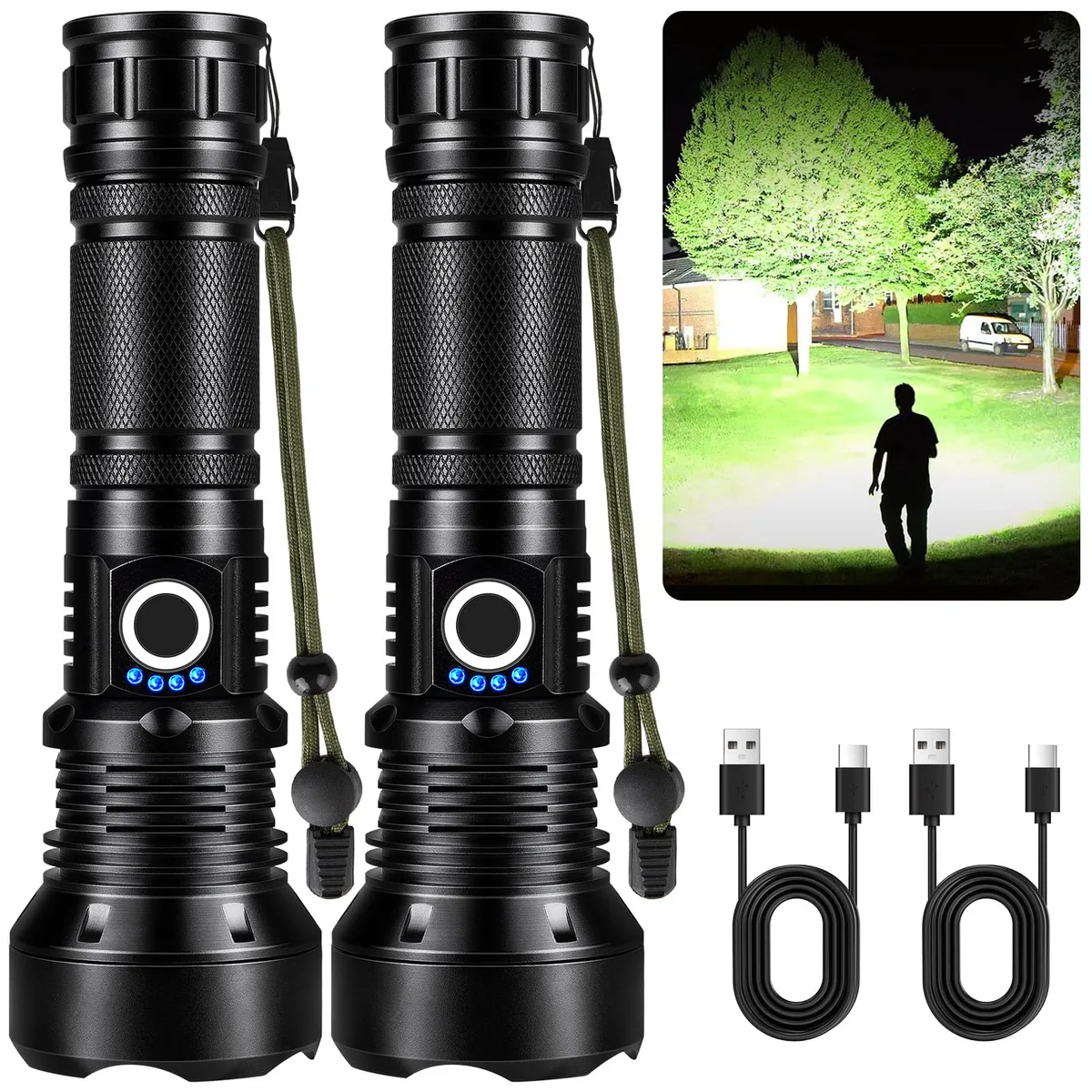 Two matte black aluminium flashlights with ridged grip and adjustable head, shown side by side