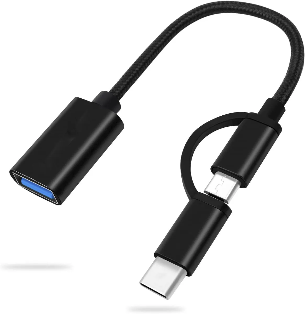 Small black adapter with USB-C and micro USB connectors on a short cable