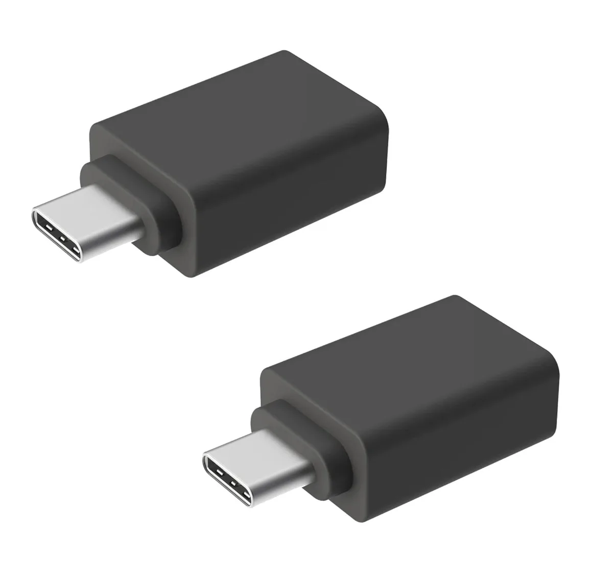 Two small black USB-C to USB-A adapter dongles