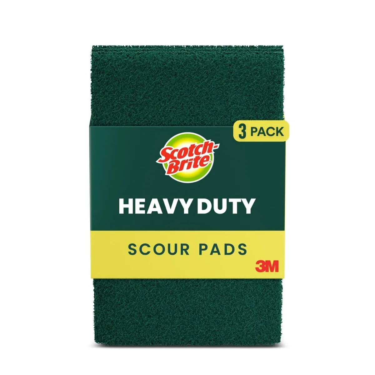 Three green rectangular scouring pads in open packaging