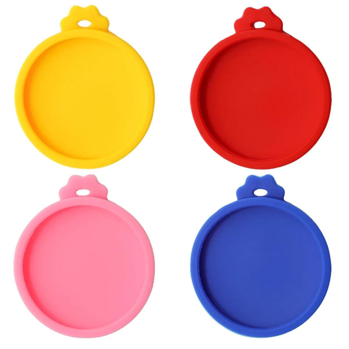 Four colourful silicone can lids in blue, red, pink and yellow