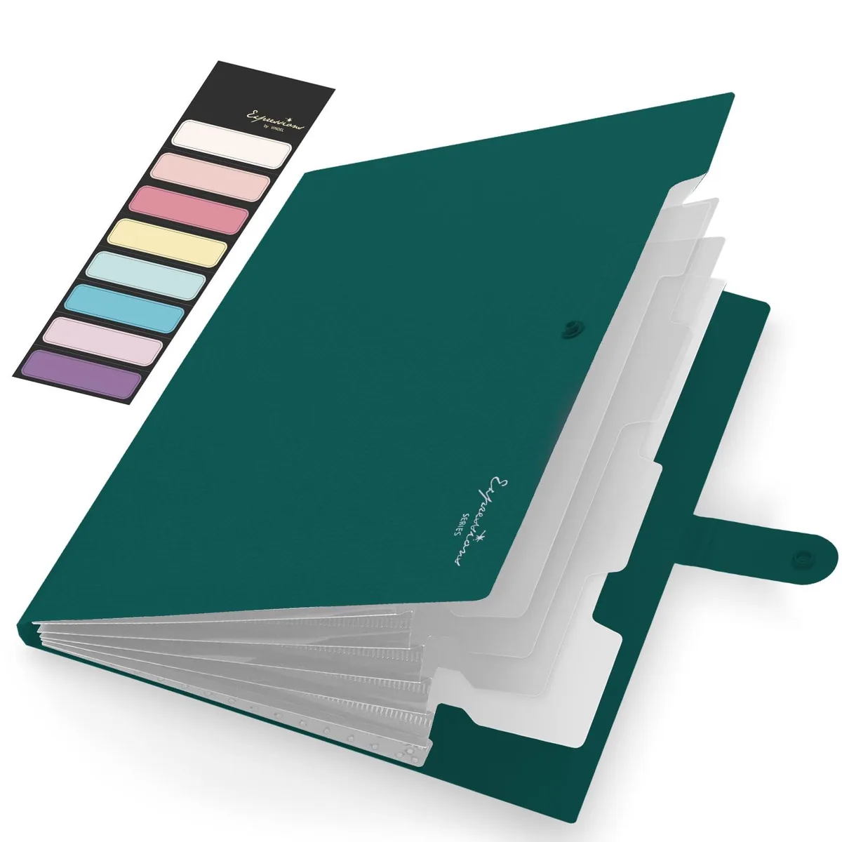 Dark green polypropylene expanding file folder with five tabbed pockets and a snap closure