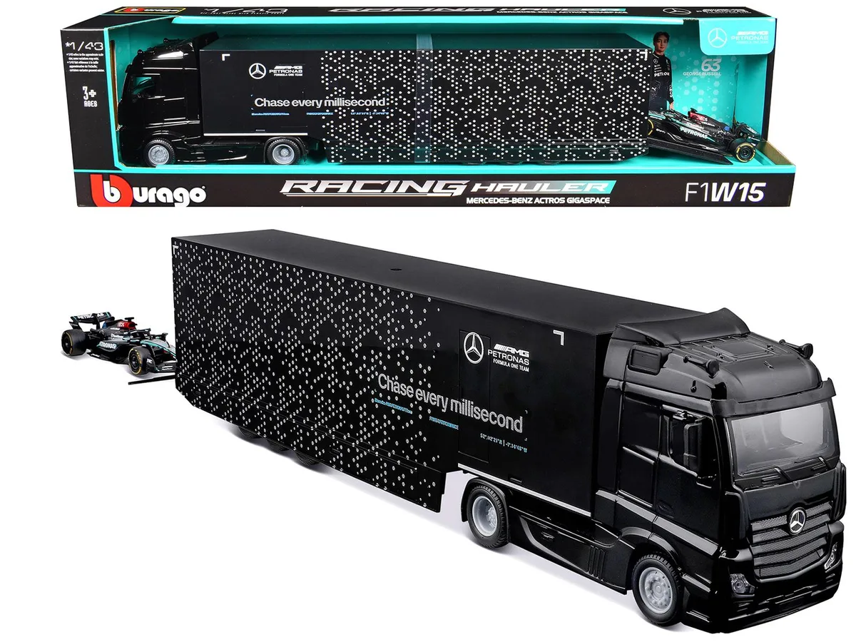 BBURAGO BBURAGO Mercedes-Benz Actros Gigaspace Hauler Black &amp; Mercedes-AMG F1 #63 1/43 Diecast hobby collectible — product photo