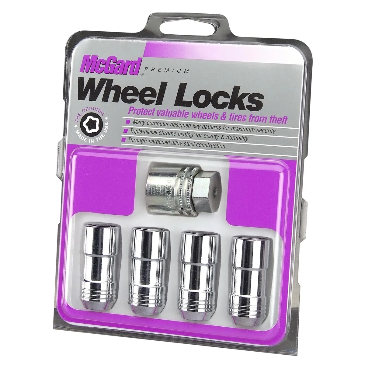 Four chrome wheel locks with cone seats and 13/16 inch hex heads
