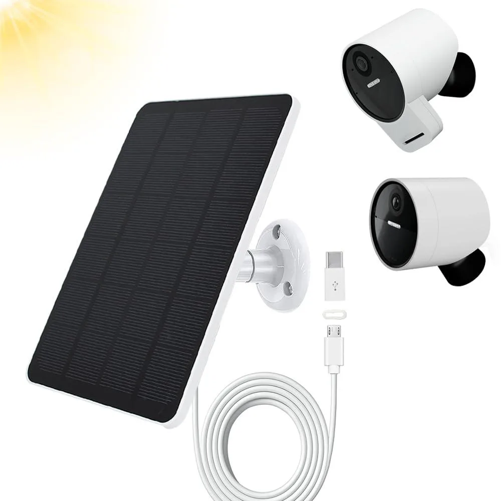 Dark blue rectangular solar panel with white back, adjustable bracket, 10ft cable