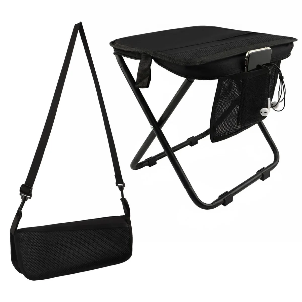 Black foldable backpack stool with adjustable shoulder strap and side storage pocket, compact steel frame collapsed flat