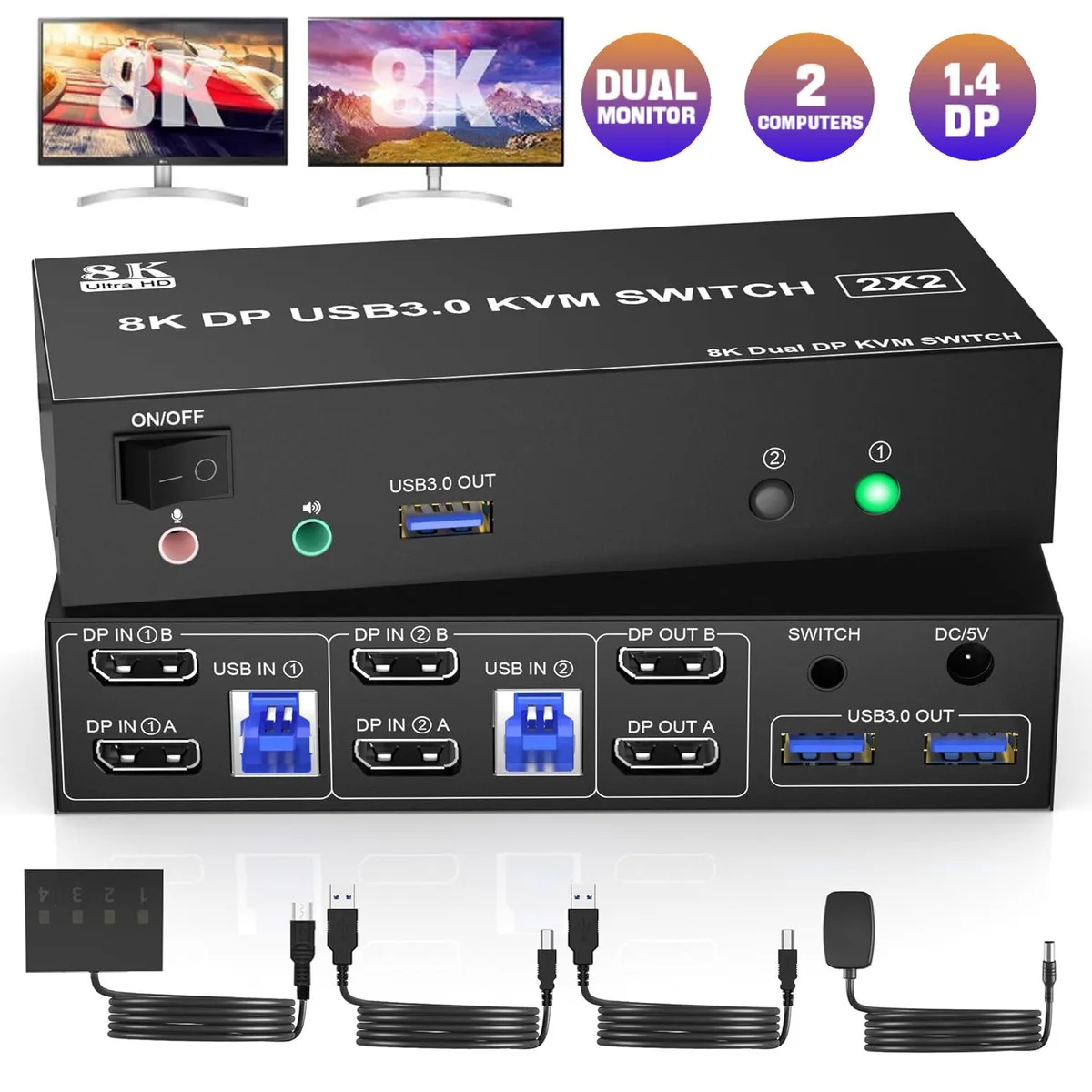 IHDAPP IHDAPP 8K@60Hz DP 1.4 Dual Monitor KVM Switch 2 PC 3 USB 3.0 Wired Remote — product photo