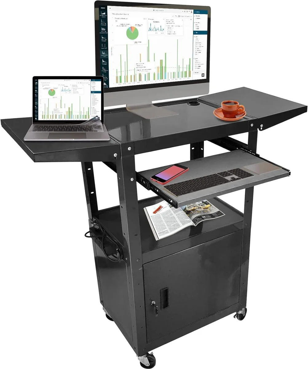 Black height-adjustable AV cart with locking cabinet, keyboard tray, drop-leaf shelves, wheels and power strip