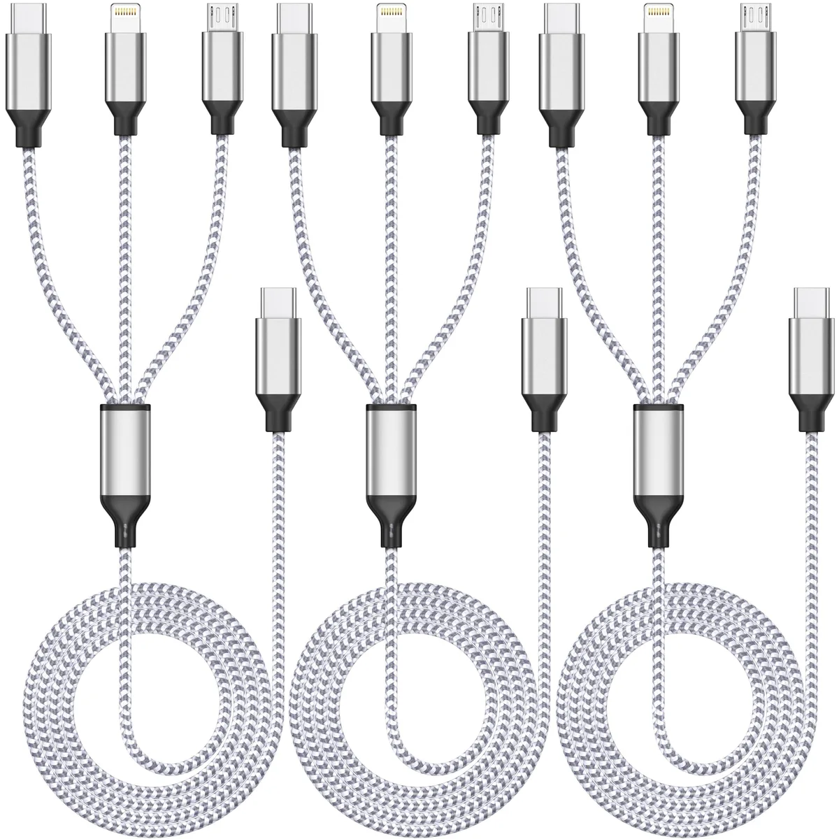Three orange braided cables with Lightning, USB-C and Micro-USB tips