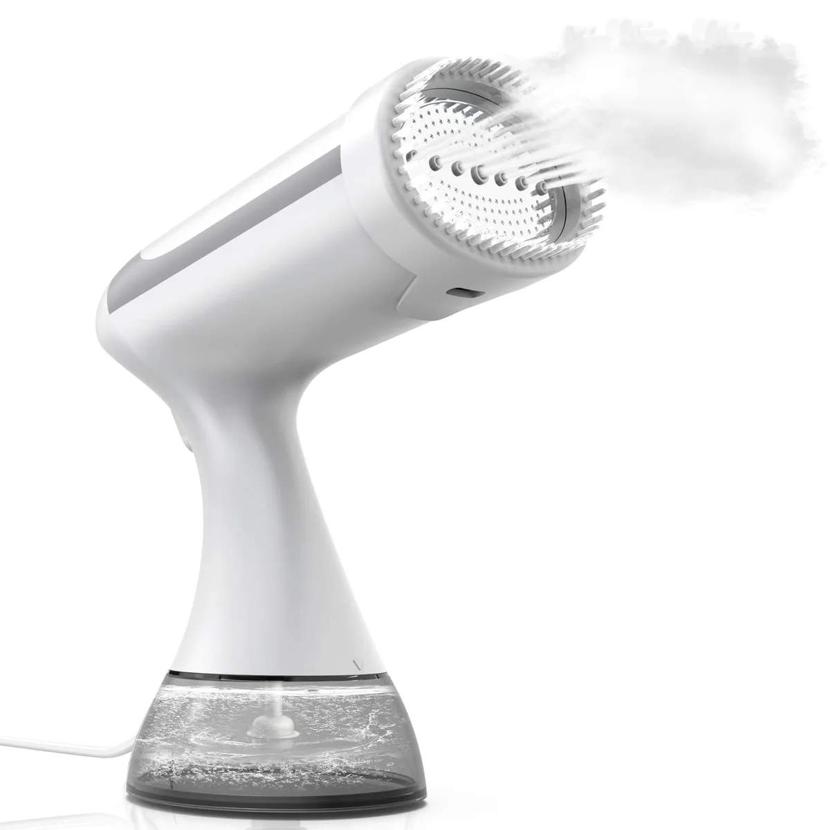 White handheld garment steamer with transparent water tank and curved nozzle