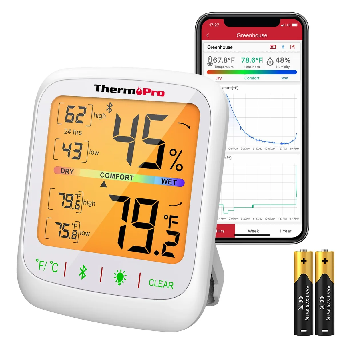 Black rectangular thermometer with 3.5 inch backlit LCD display and Bluetooth connectivity