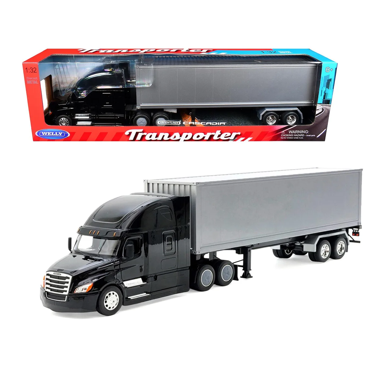 WELLY WELLY Freightliner Cascadia Truck Black Silver Container Transporter 1/32 Diecast — product photo