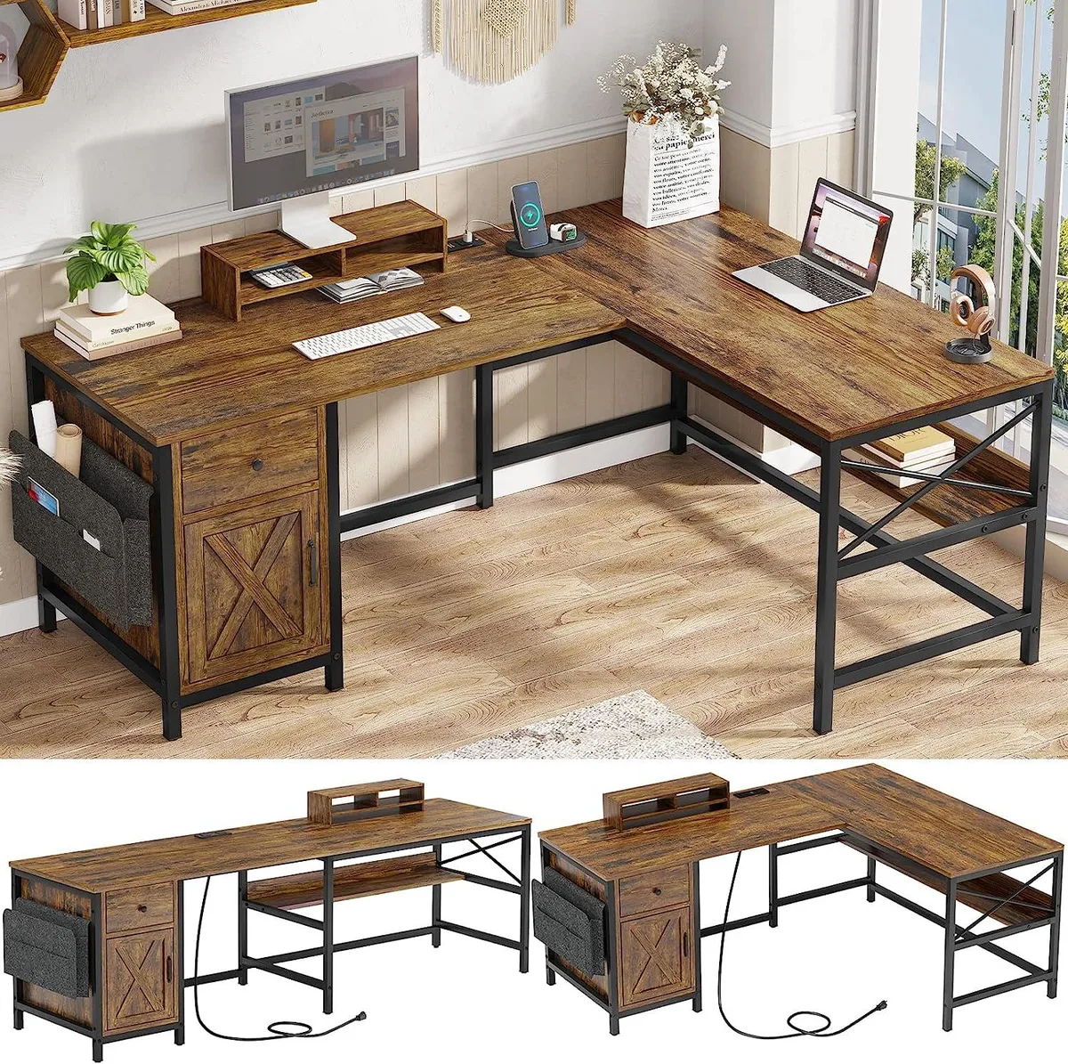 Winait Winait L-Shaped Desk with Drawer, Cabinet, Monitor Stand, Rustic Brown — product photo